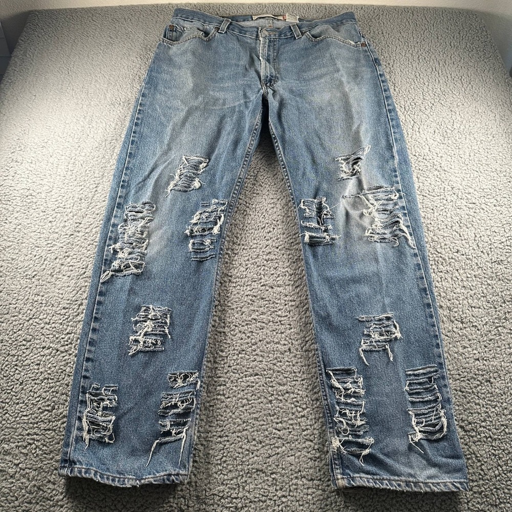 Vtg Levis‎ 505 Jeans Mens 38x32 Straight Leg Distressed Ripped Light Blue Y2K